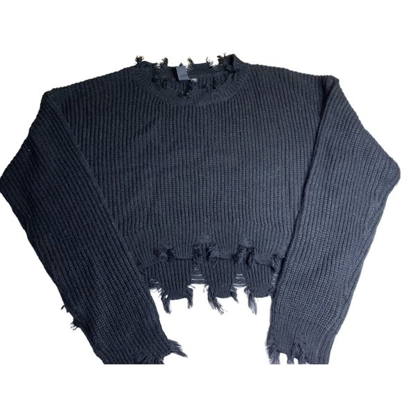 Windsor Knit Crop Black Sweater Fringe Sleeve Top Size Medium Boho - Picture 2 of 5